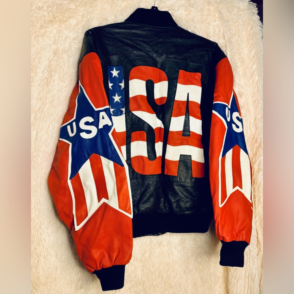 🔥 Iconic Vintage Michael Hoban “Where Mi?” USA Flag Leather Jacket